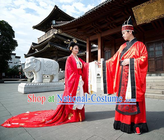 Traditional Chinese Ancient Wedding Costume Complete Set, Asian China Tang Dynasty Hanfu Bride and Bridegroom Red Clothing