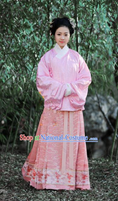 Traditional Chinese Ancient Costume Princess Pink Blouse and Skirt, Asian China Ming Dynasty Palace Lady Hanfu Clothing for Women