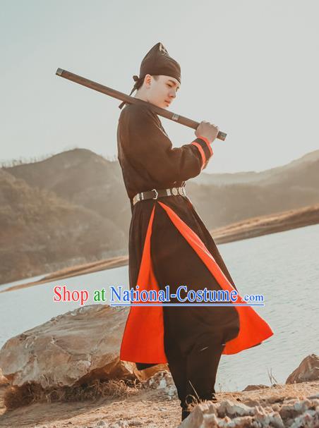 Traditional Ancient Chinese Swordsman Hanfu Costume Embroidered Black Robe, Asian China Tang Dynasty Imperial Guards Clothing for Men