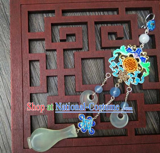 Traditional Handmade Chinese Ancient Classical Hanfu Wedding Accessories Tassel Jade Pendant Blueing Brooch for Women