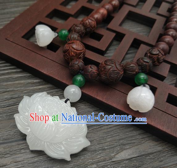 Traditional Handmade Chinese Ancient Classical Jade Lotus Necklace Accessories Queen Sandalwood Beads Necklet for Women