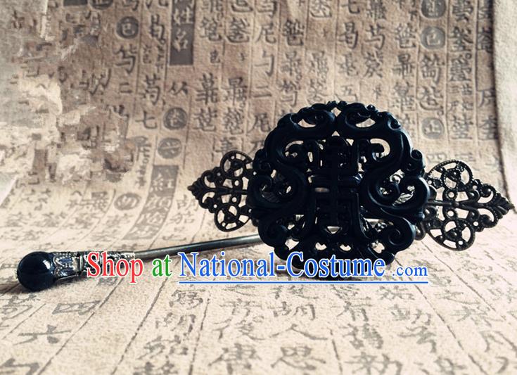 Traditional Handmade Chinese Ancient Classical Hair Accessories Qin Dynasty Emperor Black Jade Tuinga Hairdo Crown Hairpins for Men