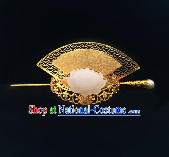 Traditional Handmade Chinese Ancient Classical Hair Accessories Qin Dynasty Nobility Childe Jade Golden Tuinga Hairdo Crown Hairpins for Men