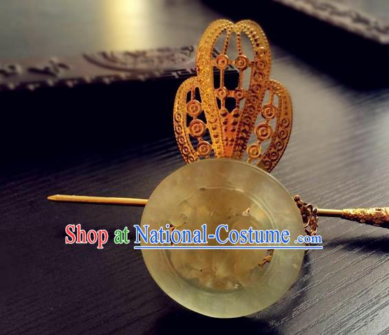 Traditional Handmade Chinese Ancient Classical Hair Accessories Han Dynasty Nobility Childe Golden Tuinga Jade Hairdo Crown Hairpins for Men