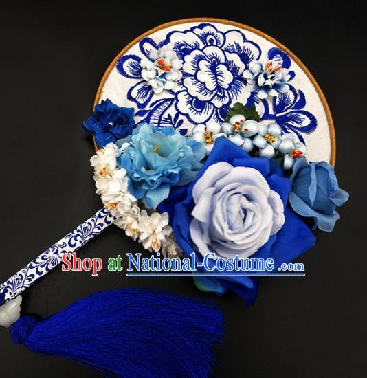 Traditional Handmade Chinese Ancient Classical Hanfu Palace Lady Embroidered Blue Round Fans for Women