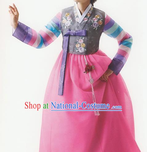 Traditional Korean Costumes Bride Formal Attire Ceremonial Grey Blouse and Full Dress, Korea Hanbok Court Embroidered Wedding Clothing for Women