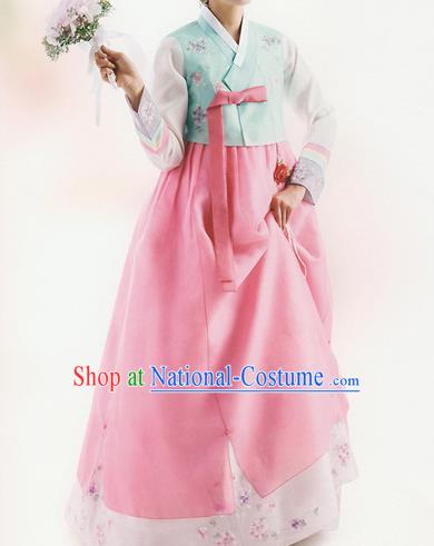 Traditional Korean Costumes Bride Formal Attire Ceremonial Blue Blouse and Full Dress, Korea Hanbok Court Embroidered Clothing for Women