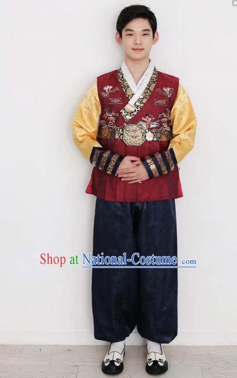 Traditional Korean Costumes Bridegroom Formal Attire Ceremonial Red Clothes, Korea Hanbok Court Embroidered Clothing for Men