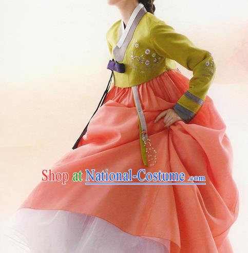 Traditional Korean Costumes Bride Formal Attire Ceremonial Green Blouse and Orange Dress, Korea Hanbok Court Embroidered Clothing for Women