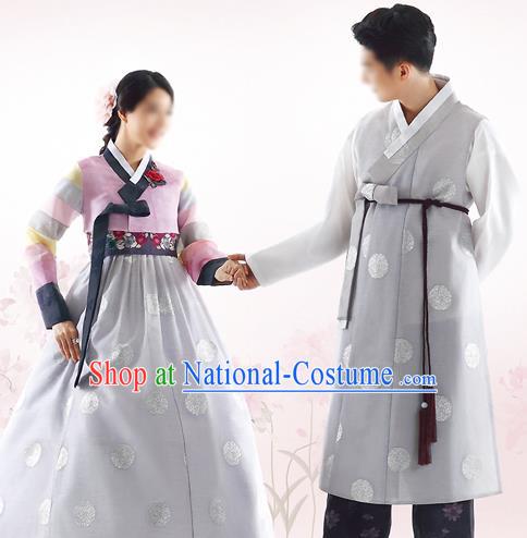 Traditional Korean Costumes Bride and Bridegroom Formal Attire Ceremonial Grey Clothes, Korea Hanbok Court Embroidered Clothing for Women for Men