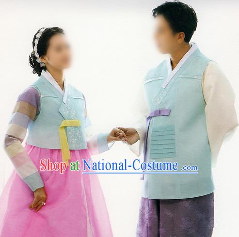 Traditional Korean Costumes Bride and Bridegroom Formal Attire Ceremonial Blue Clothes, Korea Hanbok Court Embroidered Clothing for Women for Men