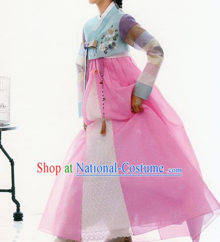 Traditional Korean Costumes Bride Formal Attire Ceremonial Blue Blouse and Pink Dress, Korea Hanbok Court Embroidered Clothing for Women