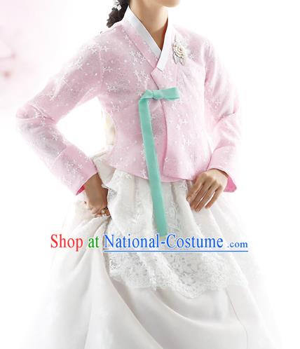 Traditional Korean Costumes Bride Formal Attire Ceremonial Pink Blouse and White Lace Dress, Korea Hanbok Court Embroidered Clothing for Women