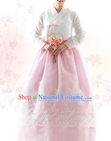 Traditional Korean Costumes Bride Formal Attire Ceremonial White Blouse and Pink Lace Dress, Korea Hanbok Court Embroidered Clothing for Women