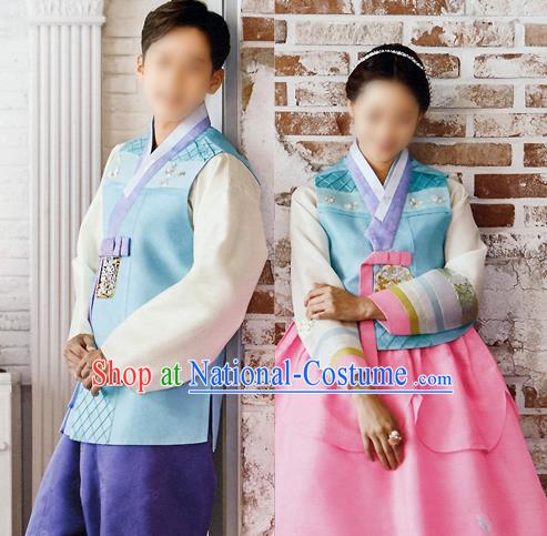 Traditional Korean Costumes Bridegroom and Bride Formal Attire Ceremonial Clothes, Korea Court Embroidered Wedding Clothing for Men for Women