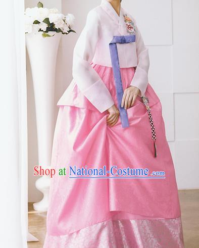 Traditional Korean Costumes Bride Formal Attire Ceremonial Pink Full Dress, Korea Hanbok Court Embroidered Wedding Clothing for Women