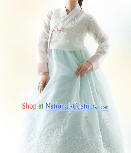 Traditional Korean Costumes Bride Formal Attire Ceremonial White Blouse and Blue Lace Dress, Korea Hanbok Court Embroidered Clothing for Women