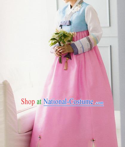 Traditional Korean Costumes Bride Formal Attire Ceremonial Blue Blouse and Pink Dress, Korea Hanbok Court Embroidered Clothing for Women