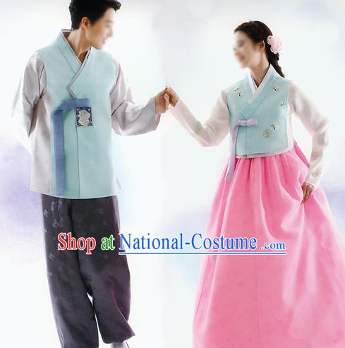 Traditional Korean Costumes Bride and Bridegroom Blue Cloth Complete Set, Korea Hanbok Court Embroidered Clothing for Women for Men