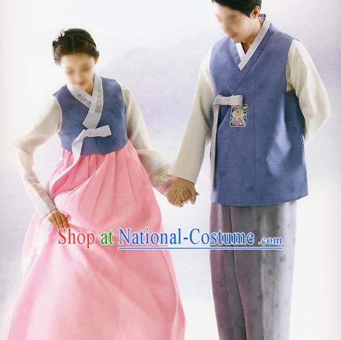 Traditional Korean Costumes Bride and Bridegroom Deep Blue Cloth Complete Set, Korea Hanbok Court Embroidered Clothing for Women for Men