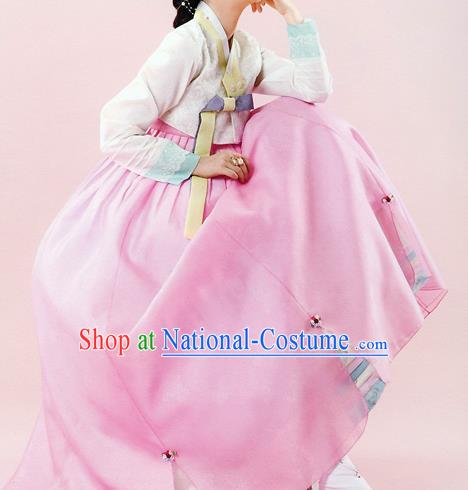 Traditional Korean Costumes Bride Wedding White Blouse and Pink Dress, Korea Hanbok Court Embroidered Clothing for Women