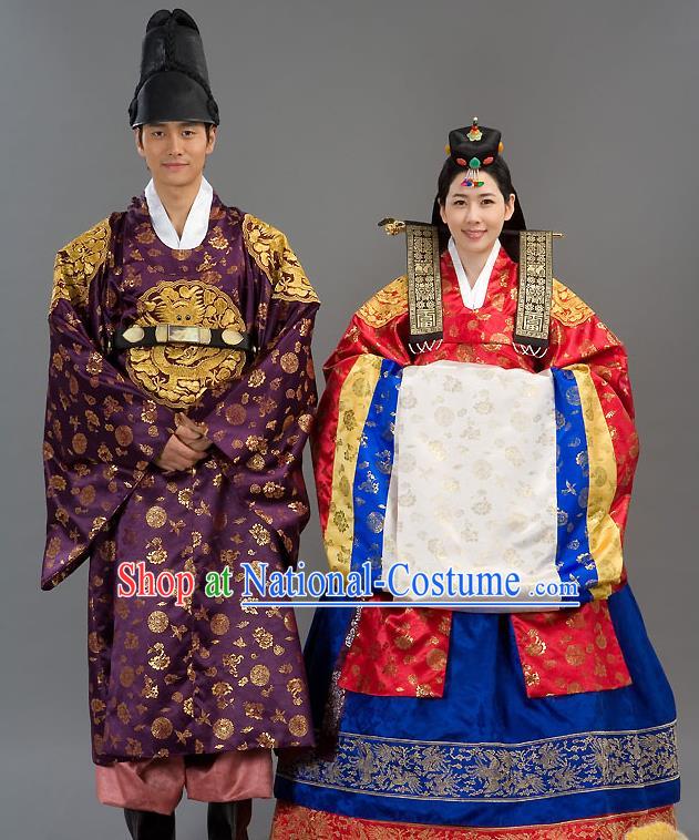 Traditional Korean Costumes Bride and Bridegroom Wedding Clothing Complete Set, Korea Hanbok Court Embroidered Clothing for Women for Men