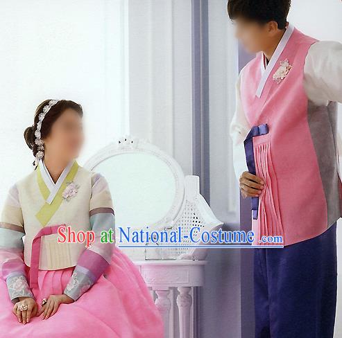 Traditional Korean Costumes Bride and Bridegroom Wedding Clothing Complete Set, Korea Hanbok Court Embroidered Clothing for Women for Men