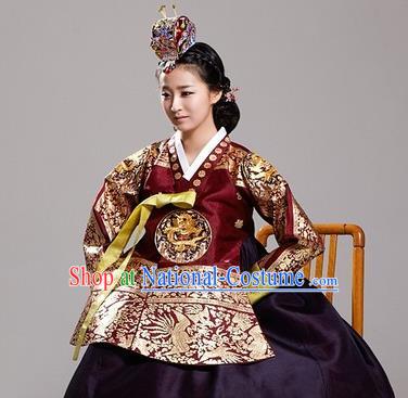 Traditional Korean Costumes Bride Wedding Clothing Complete Set, Korea Hanbok Queen Court Embroidered Clothing for Women