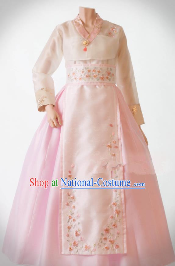 Traditional Korean Costumes Bride Wedding Pink Dress, Korea Hanbok Queen Court Embroidered Clothing for Women