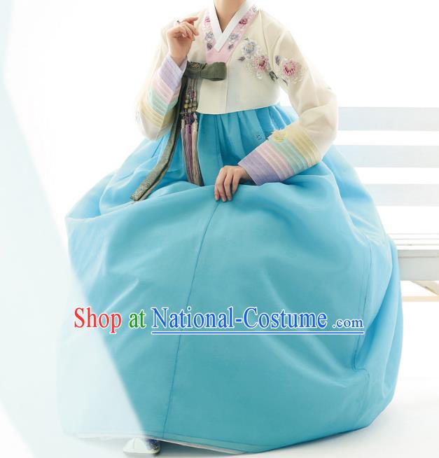 Traditional Korean Costumes Bride Wedding Blue Dress, Korea Hanbok Queen Court Embroidered Clothing for Women