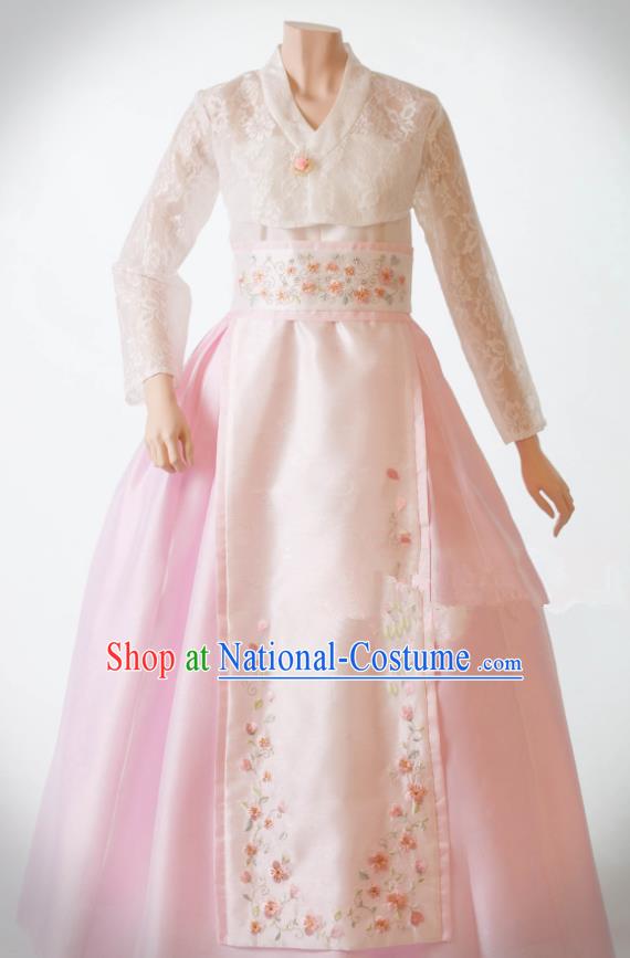 Traditional Korean Costumes Bride Wedding White Lace Dress, Korea Hanbok Queen Court Embroidered Clothing for Women