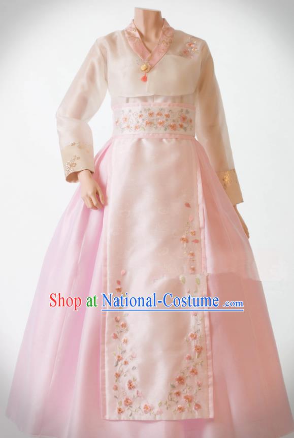 Traditional Korean Costumes Bride Wedding Pink Silk Dress, Korea Hanbok Princess Court Embroidered Clothing for Women