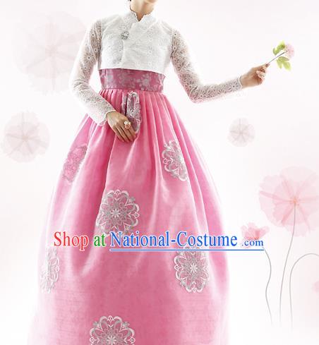 Traditional Korean Costumes Bride Formal Attire Ceremonial White Blouse and Pink Dress, Korea Hanbok Court Embroidered Clothing for Women