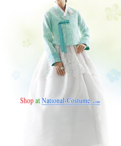 Traditional Korean Costumes Bride Formal Attire Ceremonial Green Blouse and White Dress, Korea Hanbok Court Embroidered Clothing for Women