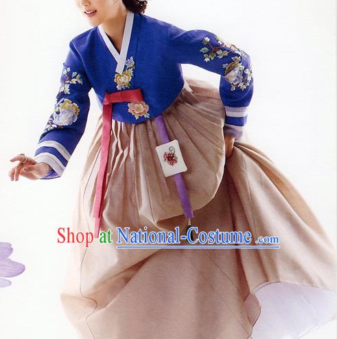 Traditional Korean Costumes Bride Formal Attire Ceremonial Blue Blouse and Brown Dress, Korea Hanbok Court Embroidered Clothing for Women