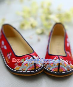 Traditional Korean National Wedding Red Embroidered Shoes, Asian Korean Hanbok Bride Shoes for Kids