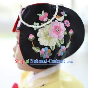 Traditional Korean Hair Accessories Bride Black Embroidered Hats, Asian Korean Fashion Girls Wedding Headwear for Kids