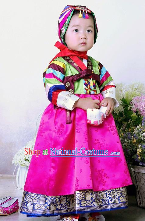 Traditional Korean Handmade Formal Occasions Embroidered Baby Princess Hanbok Rosy Dress Clothing for Girls