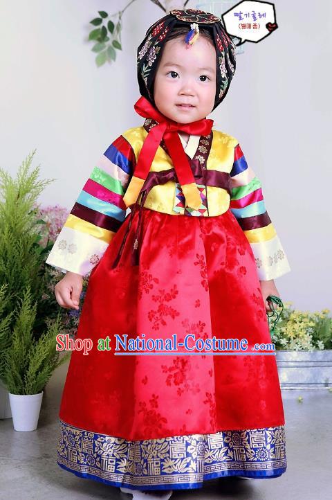 Traditional Korean Handmade Formal Occasions Embroidered Baby Brithday Hanbok Red Dress Clothing for Girls