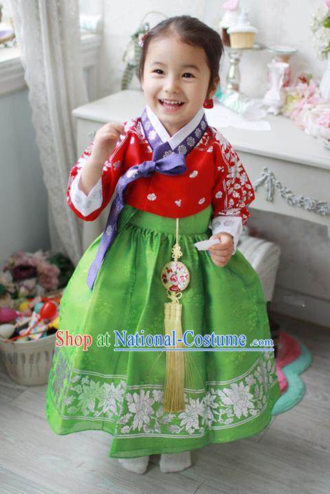 Traditional Korean Handmade Formal Occasions Embroidered Baby Brithday Hanbok Green Dress Clothing for Girls