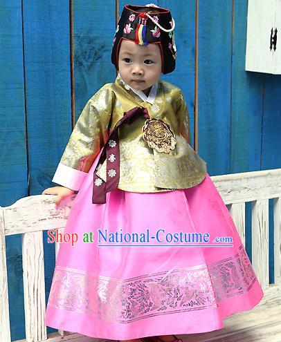 Traditional Korean Handmade Formal Occasions Costume Embroidered Baby Brithday Girls Yellow Blouse and Pink Dress Hanbok Clothing