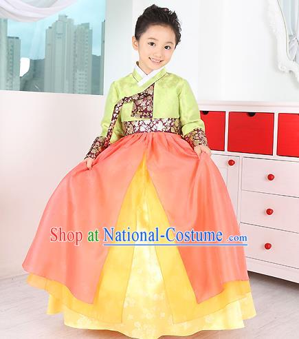 Traditional Korean Handmade Formal Occasions Costume Embroidered Baby Brithday Girls Green Blouse and Yellow Dress Hanbok Clothing