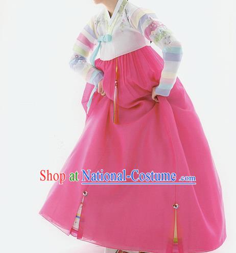 Traditional Korean Handmade Formal Occasions Costume Embroidered Pink Dress Bride Hanbok Clothing for Women