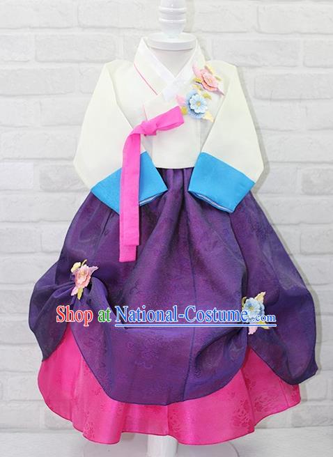 Traditional Korean Handmade Formal Occasions Costume Embroidered White Blouse and Purple Dress Bride Hanbok Clothing for Girls