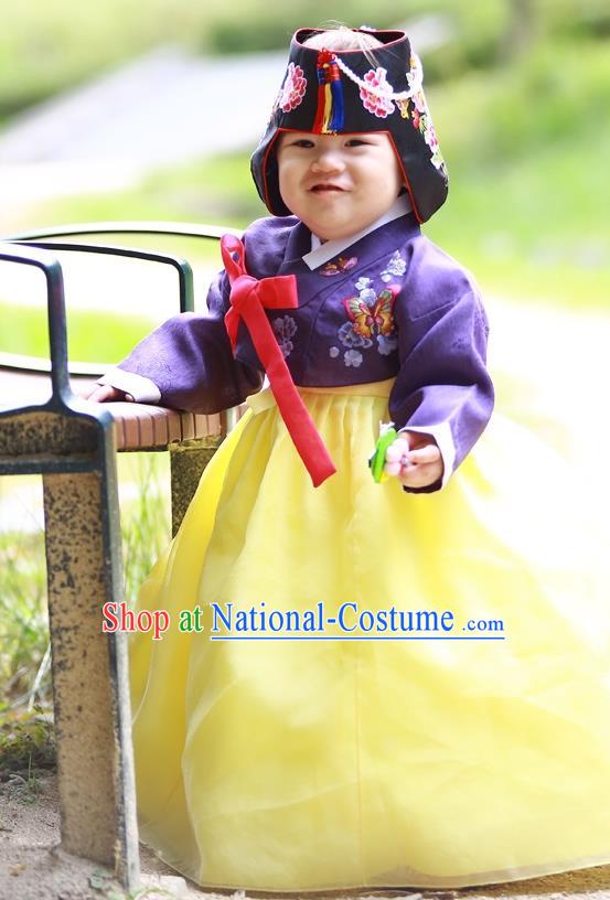 Traditional Korean Handmade Formal Occasions Costume Embroidered Purple Blouse and Yellow Dress Hanbok Clothing for Girls