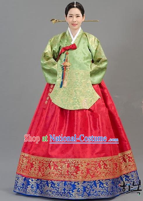 Traditional Korean Handmade Formal Occasions Costume Embroidered Green Blouse and Red Dress Hanbok Clothing for Women