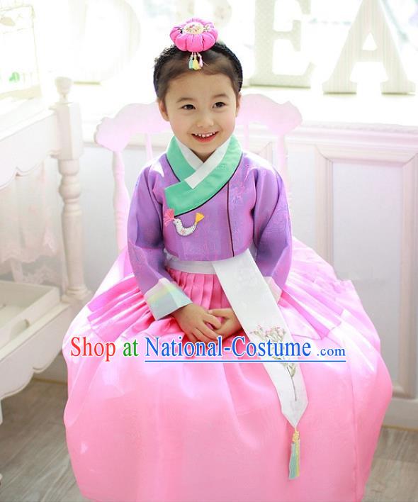 Traditional Korean Handmade Formal Occasions Costume Embroidered Baby Princess Purple Blouse and Dress Hanbok Clothing for Girls