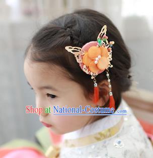 Traditional Korean Hair Accessories Orange Butterfly Tassel Hair Clasp, Asian Korean Fashion Headwear Headband for Kids