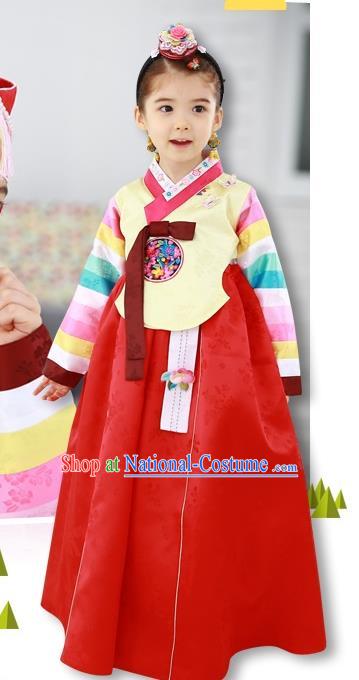 Traditional Korean Handmade Formal Occasions Costume Baby Princess Embroidered Yellow Blouse and Red Dress Hanbok Clothing for Girls