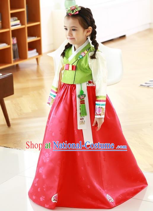 Traditional Korean Handmade Formal Occasions Costume Baby Princess Embroidered Green Blouse and Red Dress Hanbok Clothing for Girls